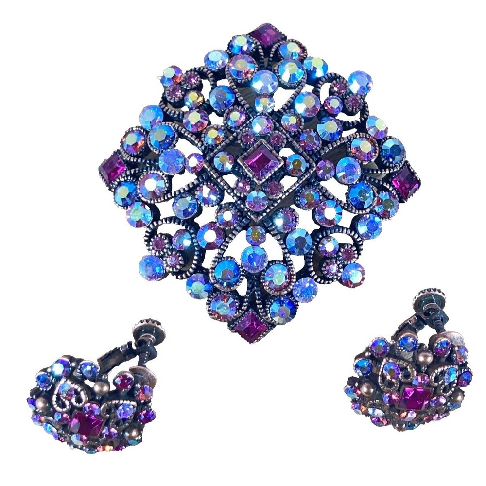 Vintage Joan Rivers Brooch Earrings Set Blue Pink AB Rhinestone Gunmetal Signed